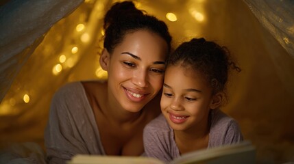 Magical Bedtime Story: A tender moment unfolds as a mother and her daughter share a captivating bedtime story illuminated by the soft glow of fairy lights.