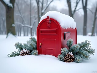 Red mailbox with snow covered pine branches and pinecones in winter