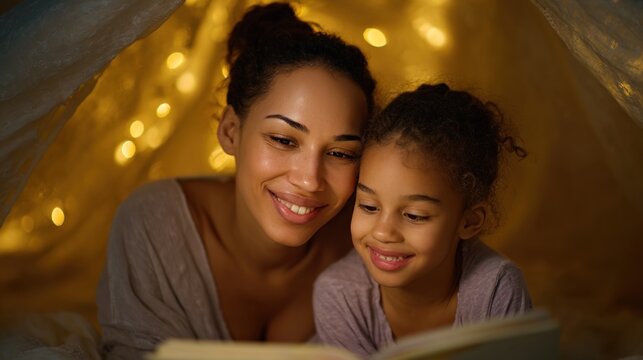 Magical Bedtime Story: A tender moment unfolds as a mother and her daughter share a captivating bedtime story illuminated by the soft glow of fairy lights.