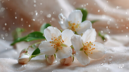 Freshly picked jasmine and rose blossoms with dewdrops. natural perfume ingredient.