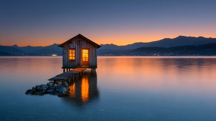 Wooden boathouse on a calm lake at sunrise.