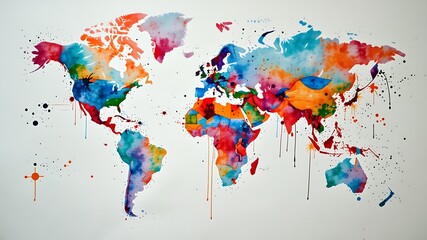 Fototapeta premium Illustration of a vibrant watercolor world map bursts with color, creating an abstract and artistic representation of global geography