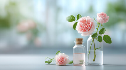 Blooming rose flowers with essential oil bottle.