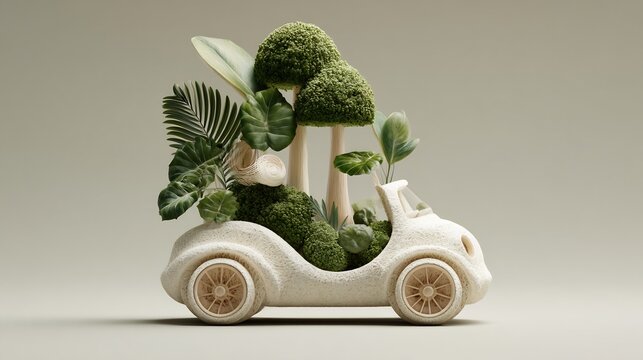 Fototapeta Eco-Friendly concept with vintage car filled with lush green plants and mushroom