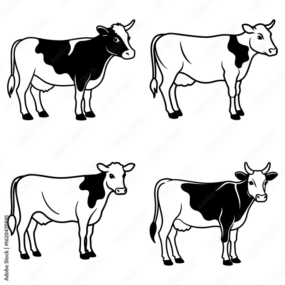 Poster four outlined cows in black and white with varied spot patterns standing in a simple arrangement