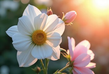 White Cosmos Flower and Pink Buds in Morning Sunlight, Macro