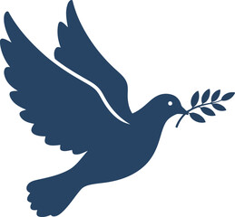 Vector art of blue dove flying with an olive branch in its beak, isolated on white background