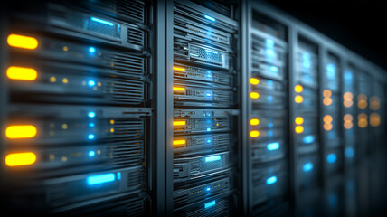 Rows of illuminated data center servers pulse with blue and amber lights, symbolizing resilient cloud infrastructure powering big data analytics and global digital services.
