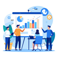 A collaborative business team in a flat design style analyzes charts and graphs during an office presentation.