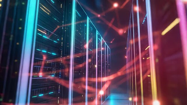 Server room network communication with futuristic connections visualized - Powered by Adobe