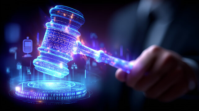A holographic gavel forged from streaming binary code descends in judgment, illustrating digital law, regulatory compliance, and the governance of emerging technologies.
