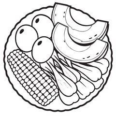 Diet menu in vector there are eggs, vegetables, corn and melon in black and white transparent background editable