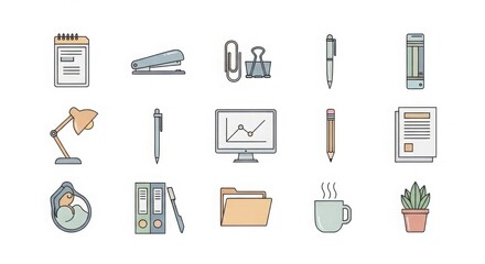 Set of minimalist office icons in flat style on white background