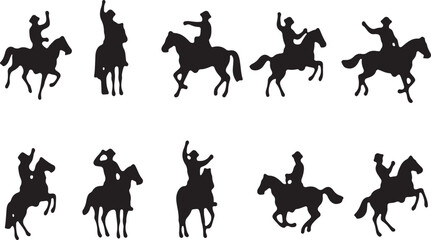 Set of vector silhouettes depicting various animals, including horses with riders, in black, ideal for equestrian and farm sport illustrations