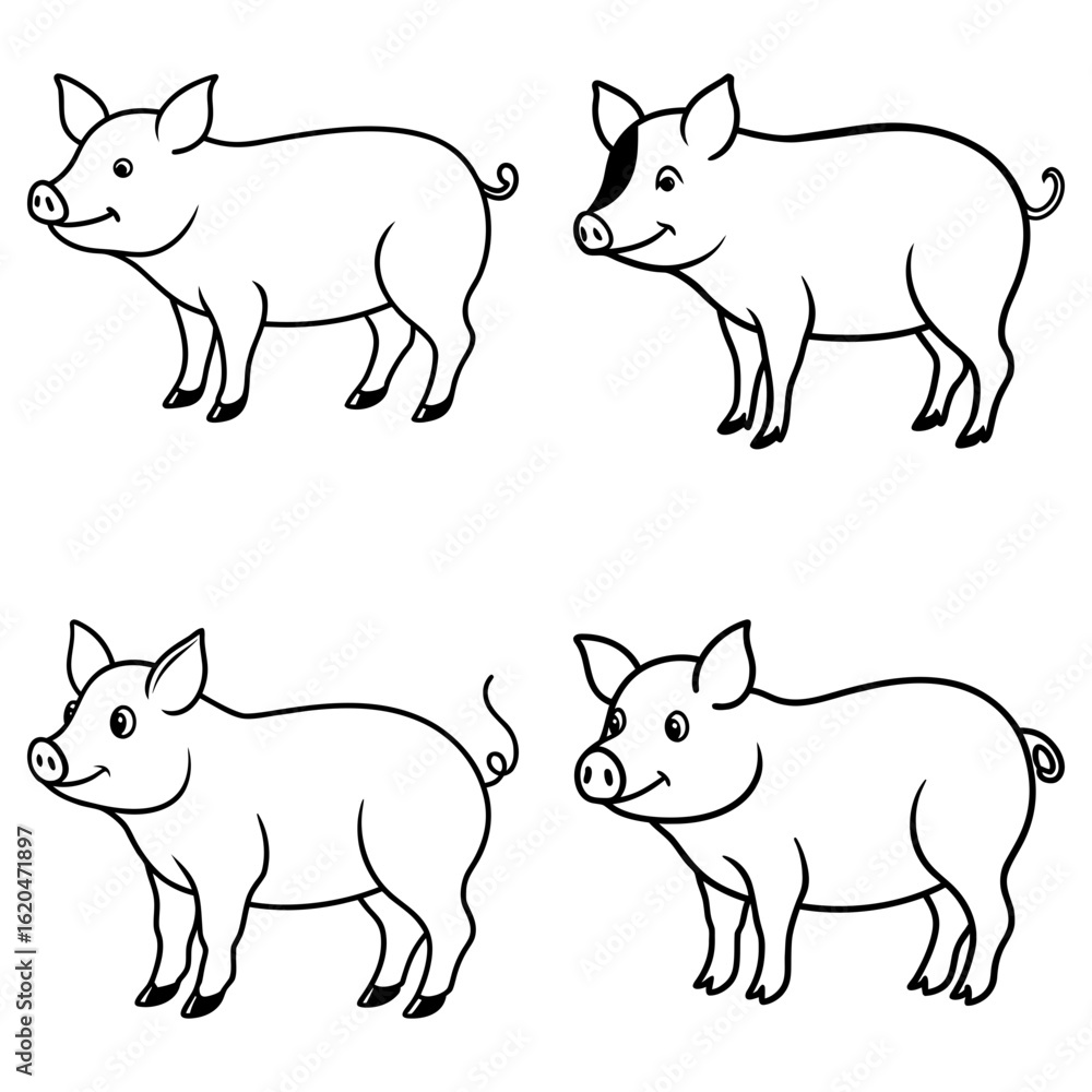 Poster four outlined pigs in different poses and with slight variations in markings and tail positions