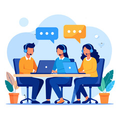 A team of diverse call center operators with headsets working on laptops. Flat vector illustration of a customer support team communicating with clients.
