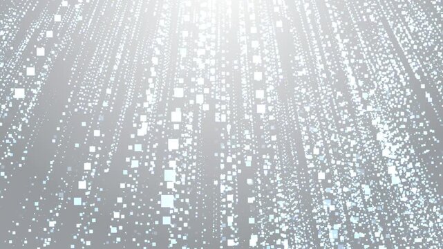 Shimmering digital white particles fall in vertical streams on a light background, creating a futuristic, elegant and abstract visual image of big data visualization and connection, seamless loop