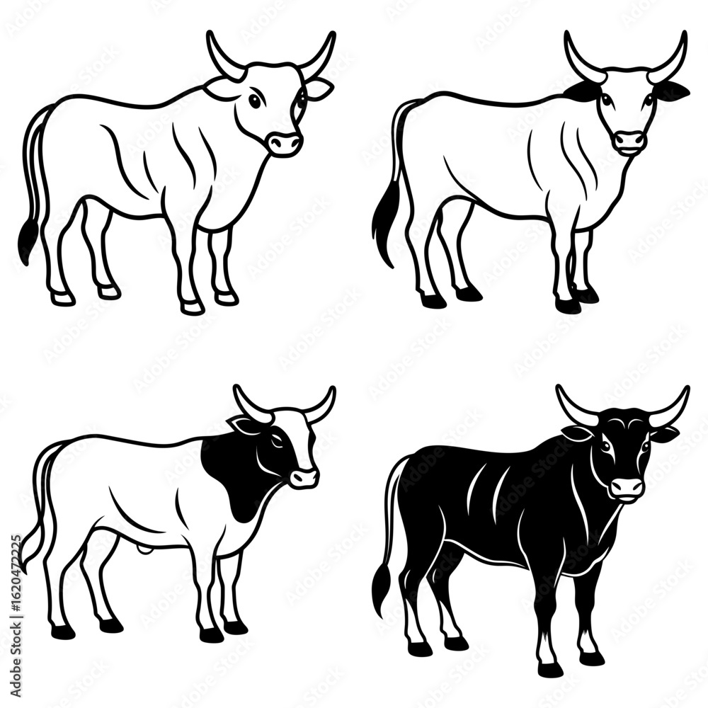 Poster four outlined bulls in different styles and colors standing on a white background in vector format