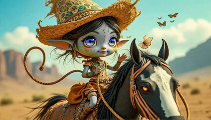 Cute cartoon girl in a Mexican hat on a horse.
A quirky cartoon girl with big expressive eyes sits on a horse in a desert landscape.