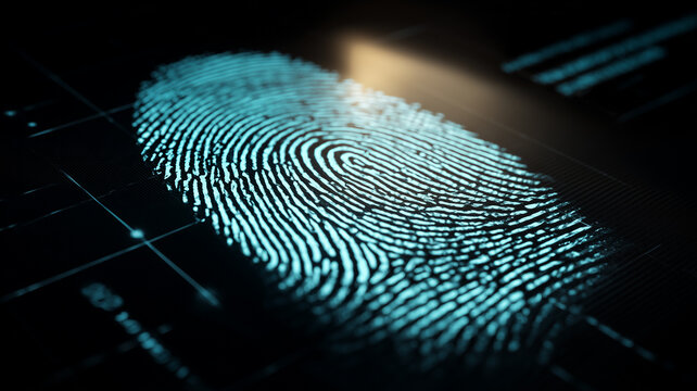 Enlarged illuminated fingerprint revealed on a dark grid embodies biometric authentication, highlighting how unique personal patterns safeguard identity in advanced cybersecurity systems.
