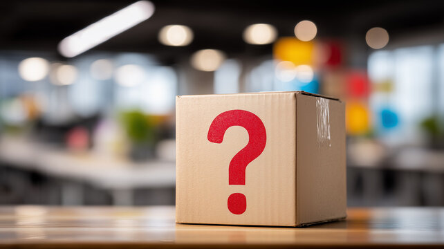 Plain cardboard package branded with a bold question mark evokes the thrill of mystery boxes, symbolizing curiosity driven ecommerce and surprise unboxing experiences.
