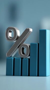 A blue and silver bar graph with a silver percent sign on top. The bars are stacked on top of each other, with the bottom bar being the tallest. Concept of progress and growth, as the bars rise higher