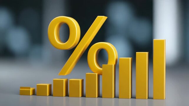 A yellow bar graph with a yellow percent sign on top. The bars are stacked on top of each other, with the bottom bar being the largest and the top bar being the smallest