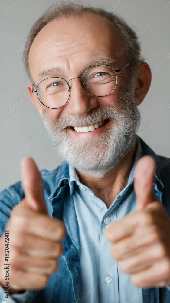 Poster a man with glasses is giving a thumbs up. he is smiling and he is happy. the image conveys a positiv