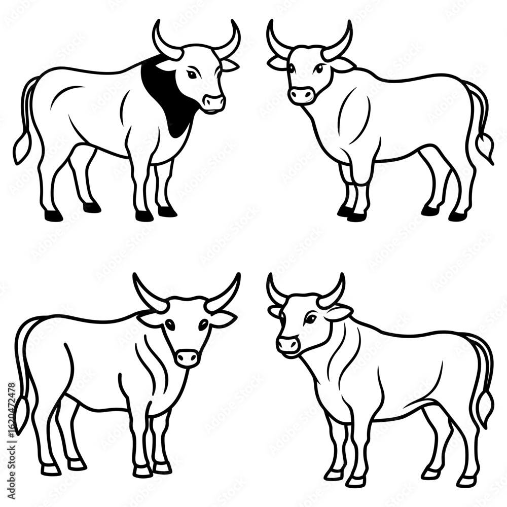 Poster four outlined bulls with horns in various poses standing on a white background in a square layout