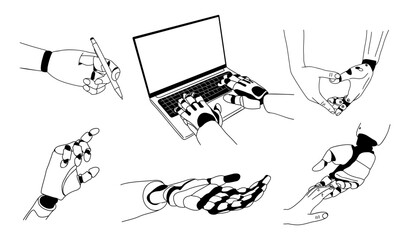 Set of robotic hands interacting with human hands, typing on a laptop, drawing, and gesturing. Minimalist black-and-white line art, Vector illustration isolated on transparent background.