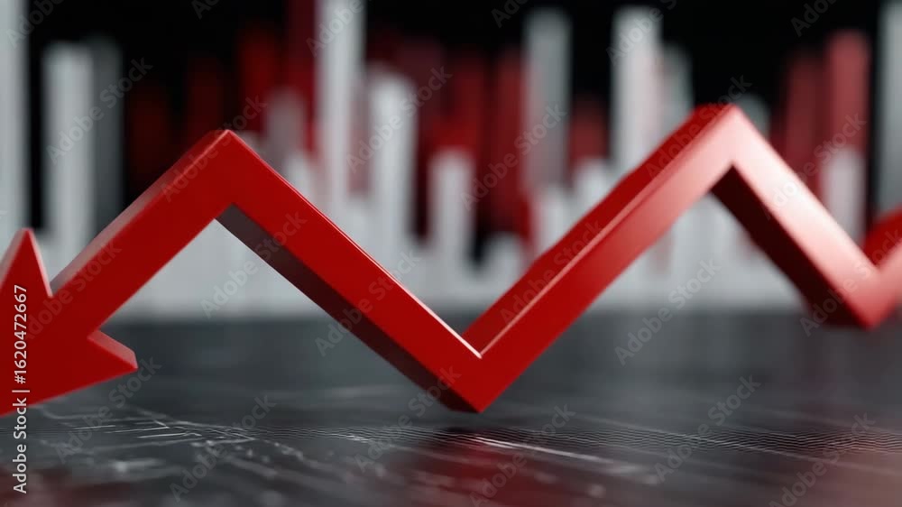 Aufkleber a red arrow pointing down on a graph. the graph is showing a downward trend. concept of decline or l
