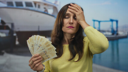 Woman holding swedish krona banknotes near a boat at the port, expressing various emotions as she...