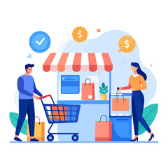 A couple shopping at a small market stall with a cart, bags, and floating currency icons.