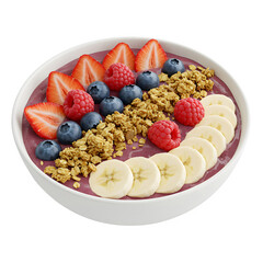 Delicious berry smoothie bowl with fresh strawberries, blueberries, raspberries, bananas, and granola,A vibrant and healthy treat. isolated on white or transparent background. PNG format