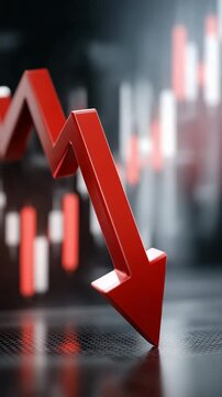 A red arrow pointing down on a dark background. Concept of decline or decrease