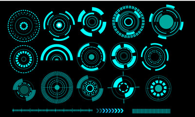 Digital set with HUD elements (Callouts titles, Holograms projectors, circle sky-fi gadgets, frames) VR elements and shapes. Futuristic information bars and digital elements for App, GUI, UI, UX.