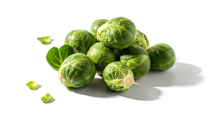 Fototapeta premium Fresh Brussels Sprouts Pile with Water Droplets on White Background