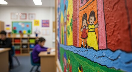 Colorful mural with children in classroom