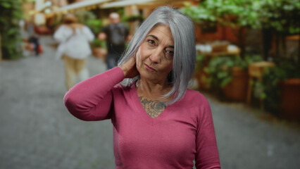 Senior woman with neck pain wearing a pink sweater stands outdoors on a cobblestone street with...
