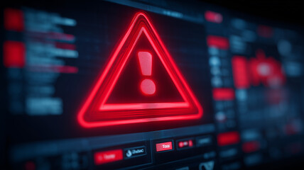 A vivid red warning triangle with exclamation flashes on a digital interface, signaling a critical cybersecurity alert that demands immediate response to mitigate systemic risk.
