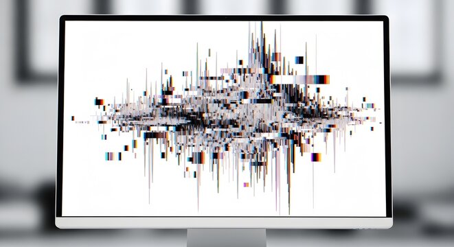 Abstract digital signal with pixelated glitch art on a desktop computer display. A concept for modern technology and data.