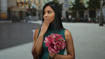 Young woman holding floral bouquet outdoors on a city street with a thoughtful expression,...