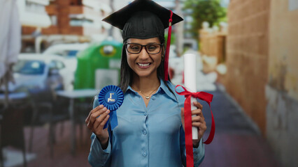 Young woman in graduation cap holding diploma and medal on a terrace with buildings outdoors,...