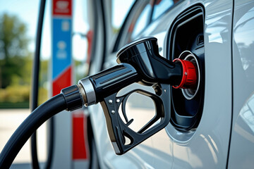 The nozzle fuel fill oil into car tank at pump gas station, For the concept transportation power business technology concept