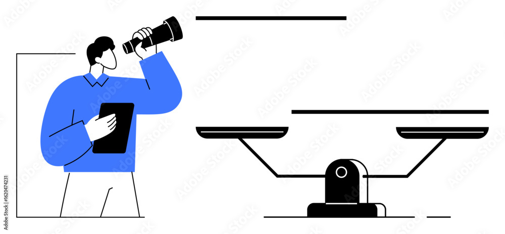 Poster man holding a tablet and observing a balance scale through a telescope. ideal for decision-making, g