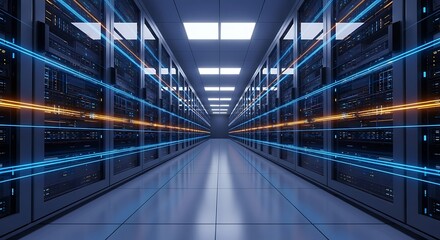 Photo of illuminated server room with data streams and network connections for data processing