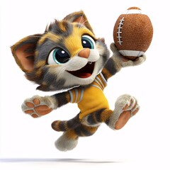 3D Cartoon Cat Playing American Football in Energetic Pose on White Background