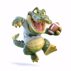 Cartoon Crocodile Character Playing American Football in 3D Style on White Background