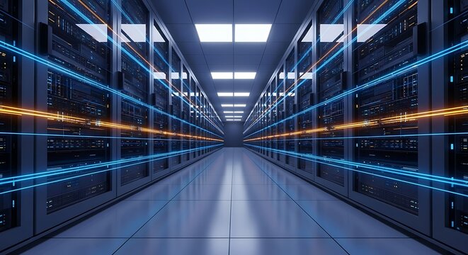 Photo of illuminated server room with data streams and network connections for data processing