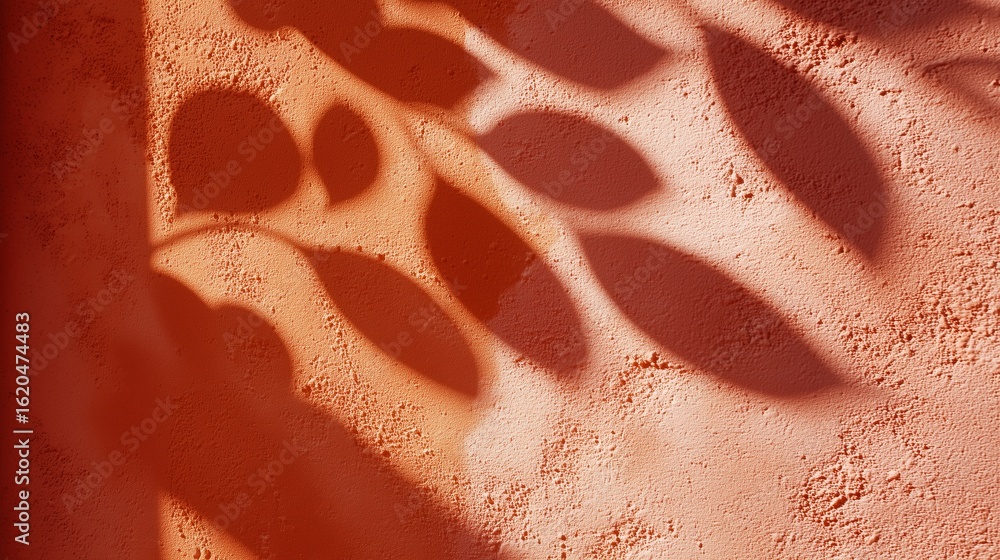 Poster shadows of leaves cast on a textured orange wall create a warm and inviting atmosphere in the aftern
